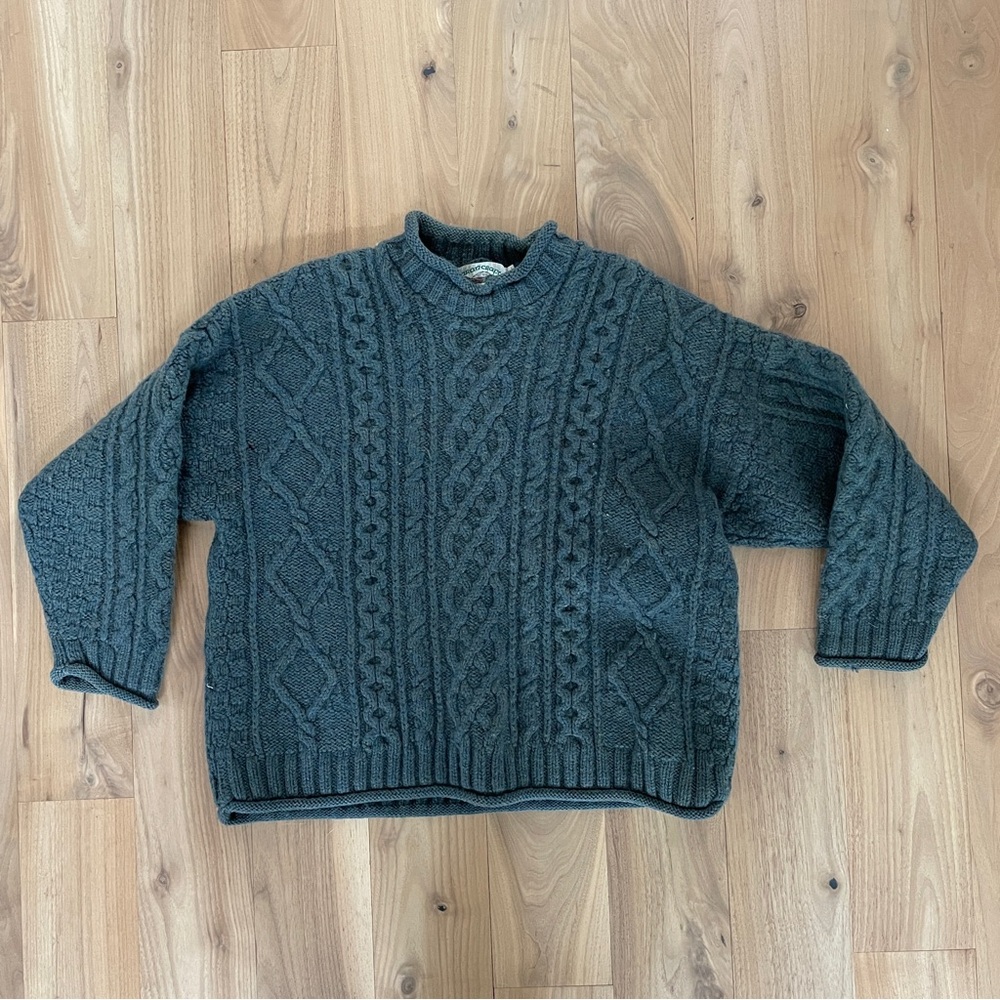 Aran Crafts Ireland Mock Neck Thick Cable Knit Sweater in Dark Green